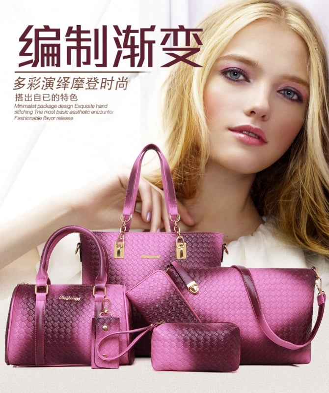6 IN 1 Tote Bag, Handbag,Purse and Wallet Set free card holder - purple/gold /black