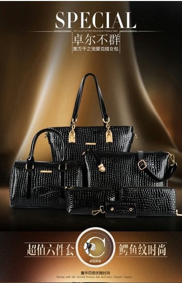 6 IN 1 Tote Bag, Handbag,Purse and Wallet Set free card holder - corcodile leather