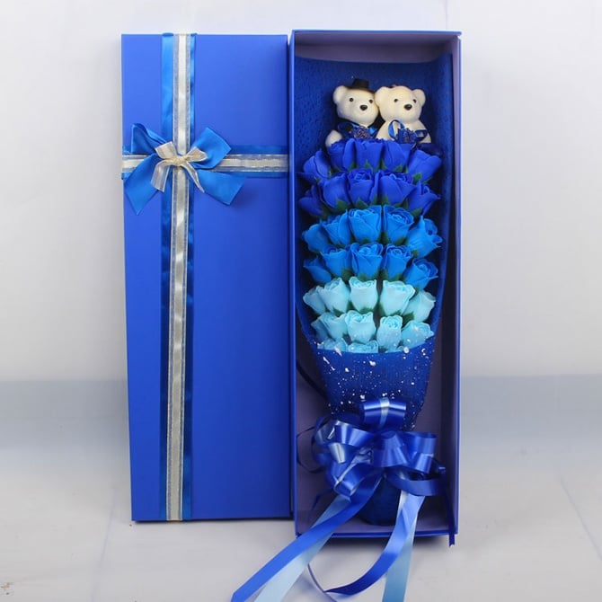 33pcs Soap Flowers with bear Gift with gift box / Love Present for Birthday Anniversary Valentines mother's father's day present card