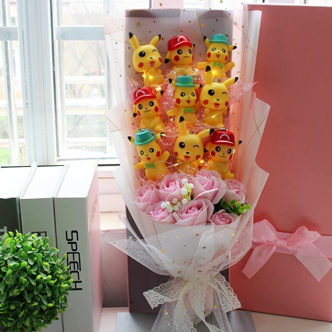 9pcs pikachu with 7pcs soap flower bouquet with gift box