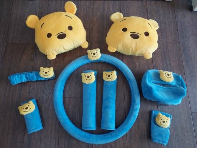 Winnie the Pooh soft Car accessories pillow hand Brake Gear Seat Belt Mirror - blue