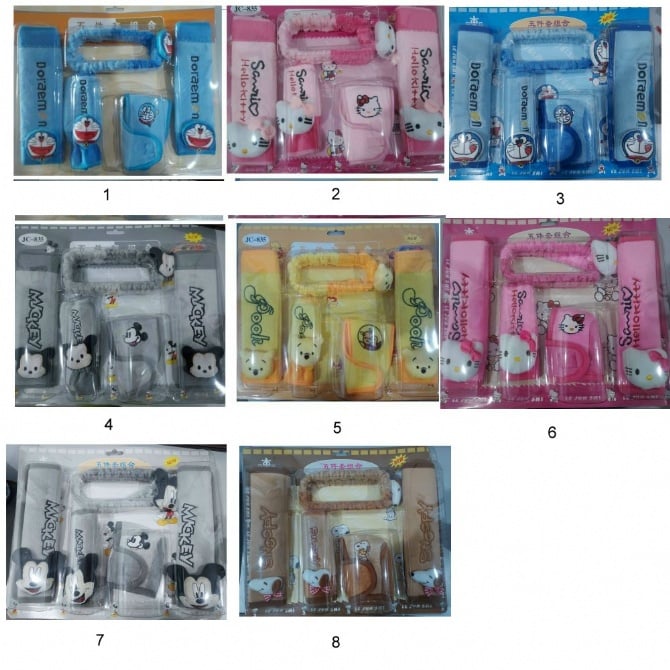 SPECIAL soft 5 IN 1 Car accessories hand Brake Gear Seat Belt Mirror Hello kitty Doraemon mickey pooh