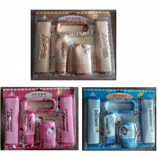 (D2) soft 5 IN 1 Car accessories hand Brake Gear Seat Belt Mirror  snoopy hello kitty doraemon