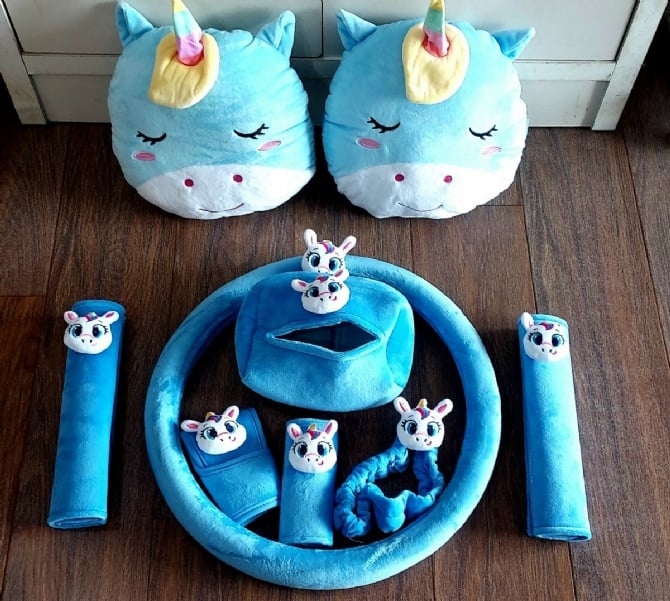 BLUE unicorn soft Car accessories pillow hand Brake Gear Seat Belt Mirror