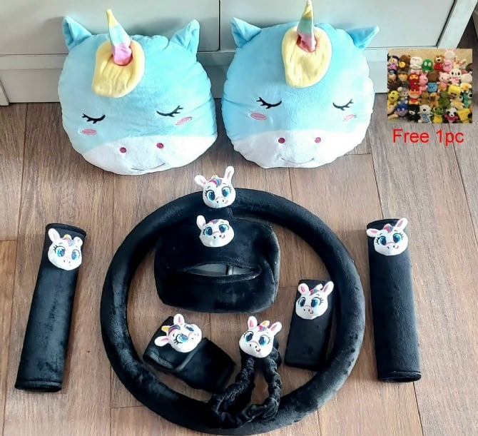 BLACK Unicorn full set soft Car accessories pillow hand Brake Gear Seat Belt Mirror (free 20cm soft toys)