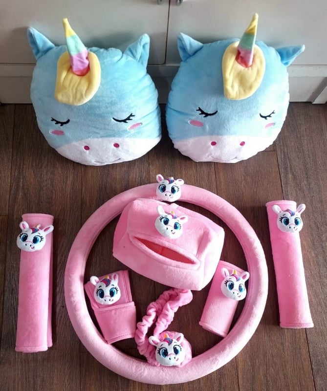 PINK unicorn soft Car accessories pillow hand Brake Gear Seat Belt Mirror