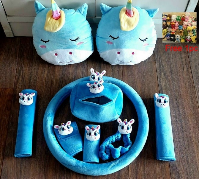 BLUE Unicorn full set soft Car accessories pillow hand Brake Gear Seat Belt Mirror (free 20cm soft toys)
