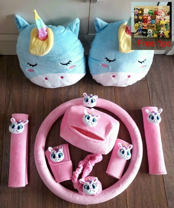 PINK Unicorn full set soft Car accessories pillow hand Brake Gear Seat Belt Mirror (free 20cm soft toys)
