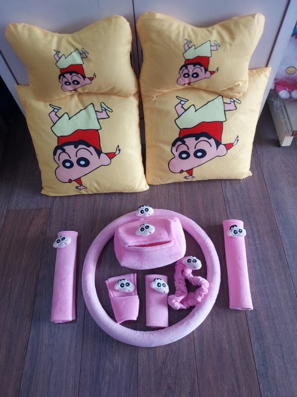 PINK shin chan full set soft Car accessories pillow hand Brake Gear Seat Belt Mirror (free 20cm soft toys)