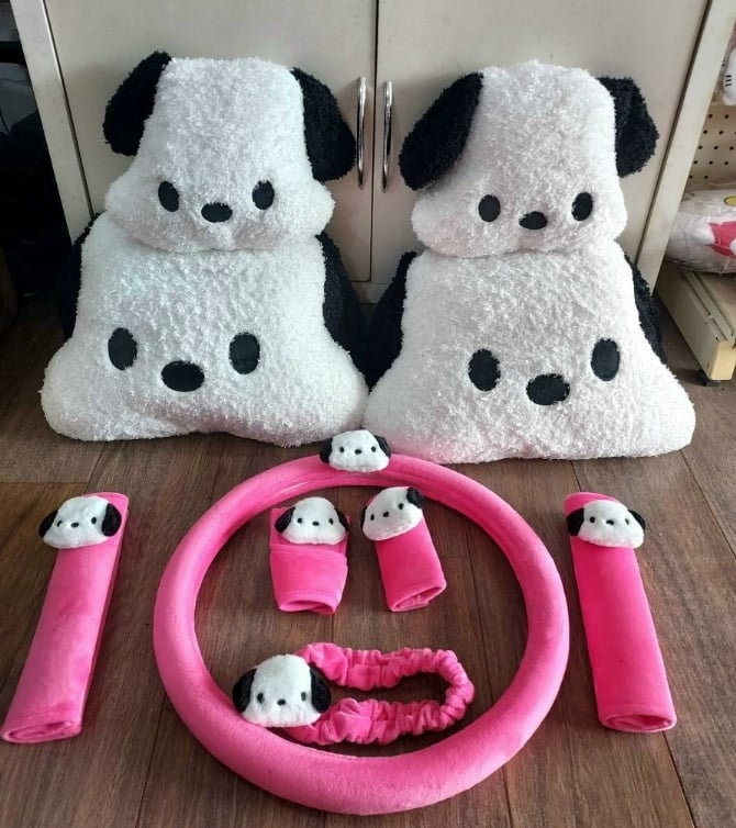ROSE RED FULLSET Pochacco soft Car accessories pillow hand Brake Gear Seat Belt Mirror FREE 20CM SOFT TOYS