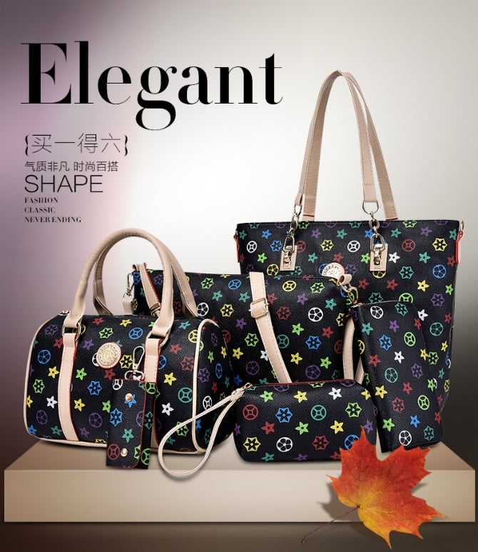 New arrival : 6 IN 1 Tote Bag, Handbag,Purse and Wallet Set free card holder - black
