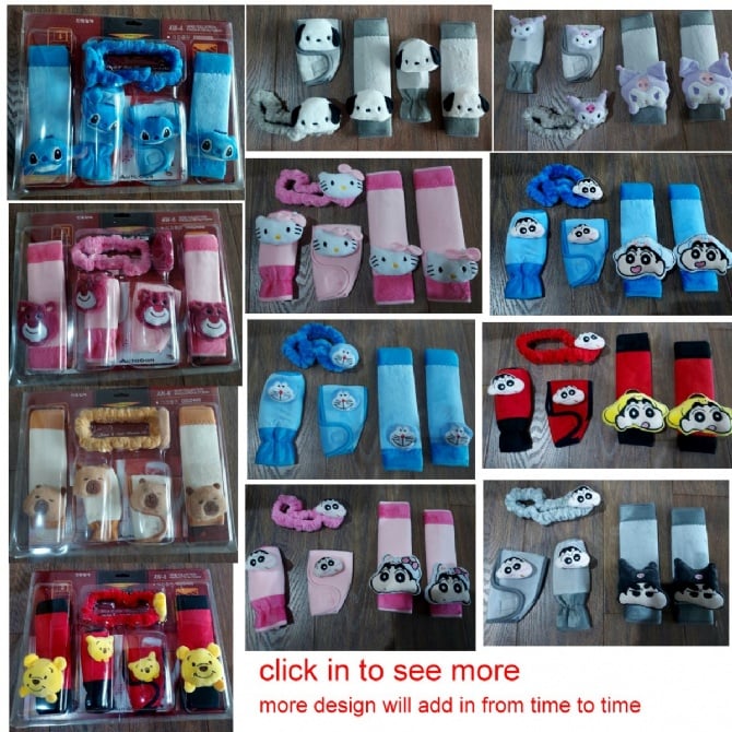 5 IN 1 hello kitty doraemon lotso sanrio kuromi stitch soft Car accessories pillow hand Brake Gear Seat Belt Mirror