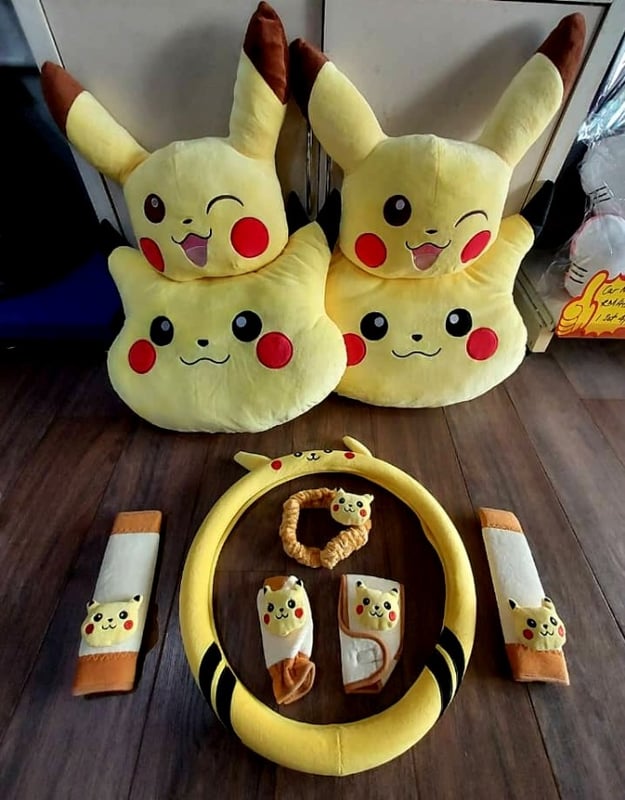 Pikachu FULL set soft Car accessories pillow hand Brake Gear Seat Belt Mirror