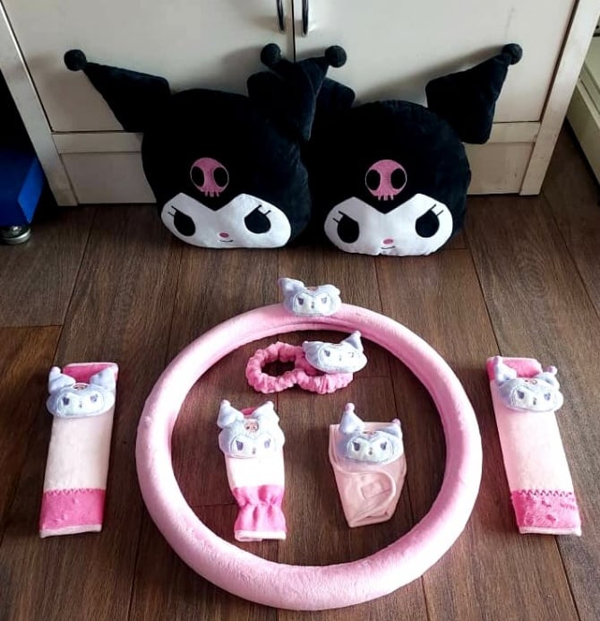 Kuromi PINK soft Car accessories pillow hand Brake Gear Seat Belt Mirror