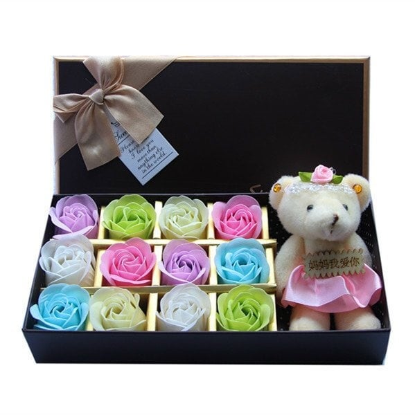 12pcs Flowers & Bear Gift Box / Soap Flowers Gift / Love Present for Birthday Anniversary Valentines mother's father's day present card