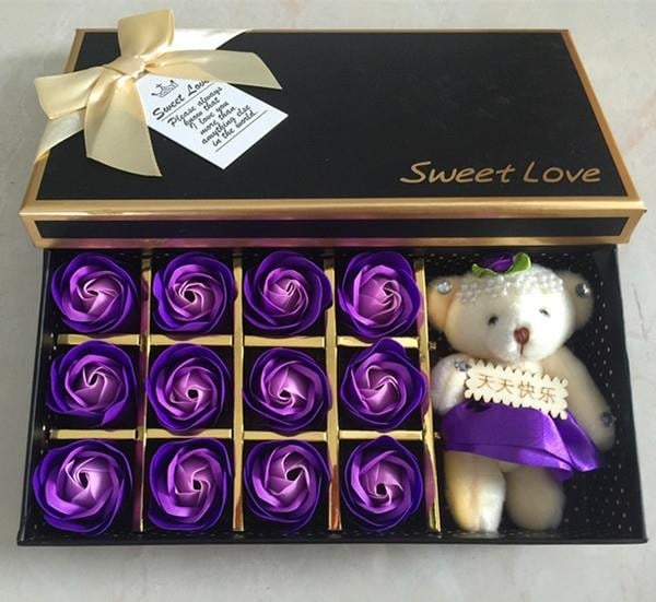 12pcs Flowers & Bear Gift Box / Soap Flowers Gift / Love Present for Birthday Anniversary Valentines mother's father's day present card