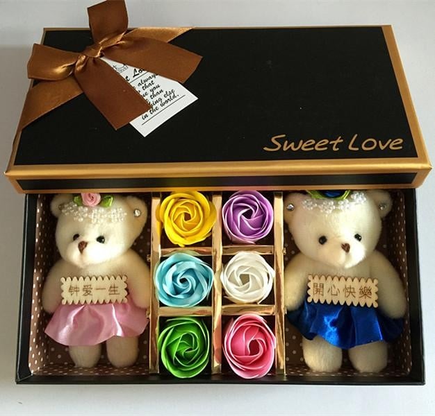 6pcs Flowers with 2 teddy Bear Gift Box / Soap Flowers Gift / Love Present for Birthday Anniversary Valentines mother's father's day present card