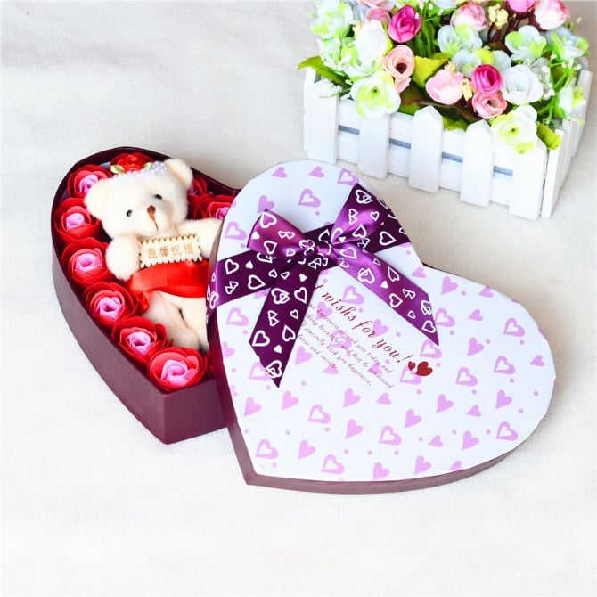 LOVE Flowers with teddy Bear Gift Box / Soap Flowers Gift / Love Present for Birthday Anniversary Valentines mother's father's day present card