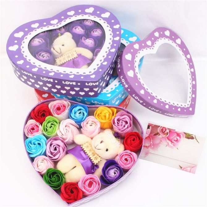18pcs LOVE Flowers & Bear Gift Box / Soap Flowers Gift / Love Present for Birthday Anniversary Valentines mother's father's day present card