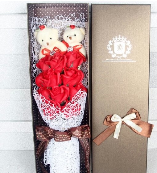 11pcs LOVE Flowers with teddy Bear Gift Box / Soap Flowers Gift / Love Present for Birthday Anniversary Valentines mother's father's day present card