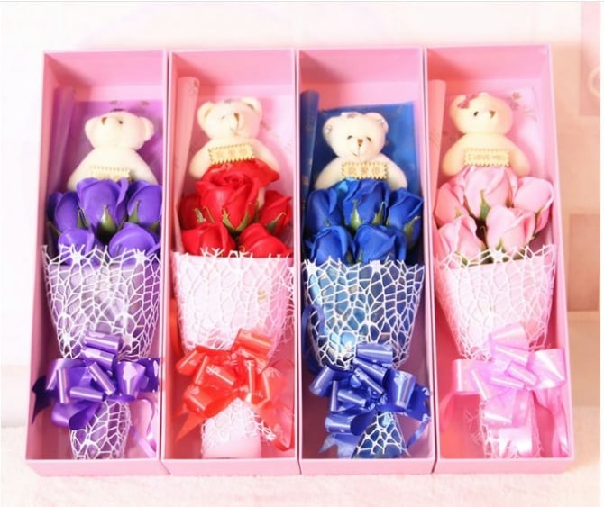 5pcs Soap Flower with Bear Gift Box / Soap Flowers Gift / Love Present for Birthday Anniversary Valentines mother's father's day present card