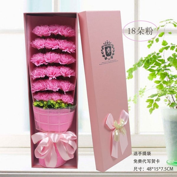 18pcs Pink carnation Flowers with Gift Box / Soap Flowers Gift / Love Present for Birthday Anniversary Valentines mother's father's day present card