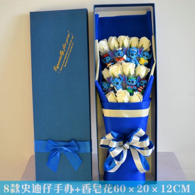 8pcs stitch and 8pcs soap flower with gift box /cartoon bouquet free present card