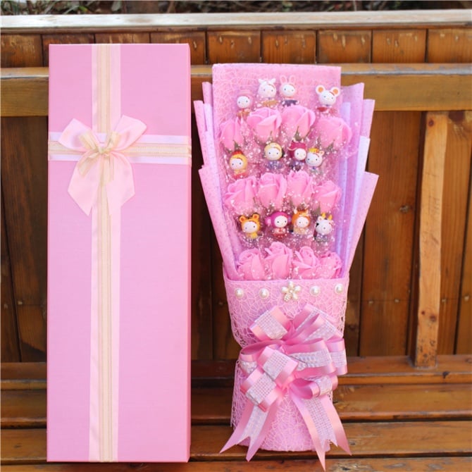 12pcs hello kitty and 12pcs soap flower with gift box /cartoon bouquet free present card