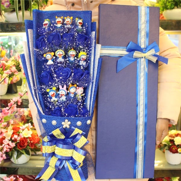 12pcs Doraemon and 12pcs soap flower with gift box /cartoon bouquet free present card