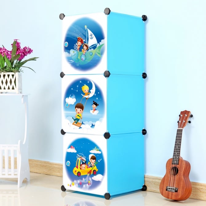 Cabinet 3 Cubes RAINBOW CARTOON DIY Wardrobe - BLUE/YELLOW/PINK/black stripes
