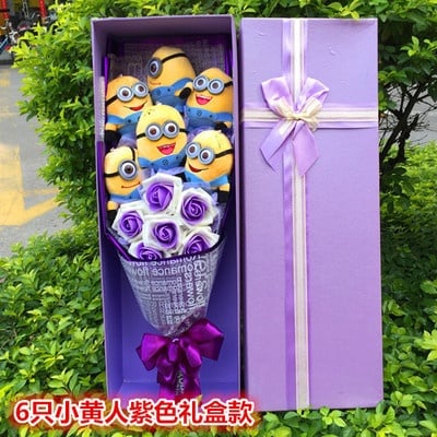 6pcs minion with 6 big flower Gift box and free card