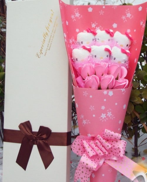 6pcs soap flower and 6Pcs cute doraemon rilakkuma hello kitty bouquet