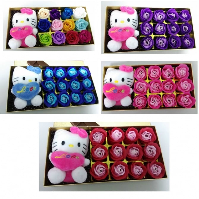 12pcs Flowers and Kitty Gift Box / Soap Flowers Gift / Love Present for Birthday Anniversary Valentines mother's father's day present card