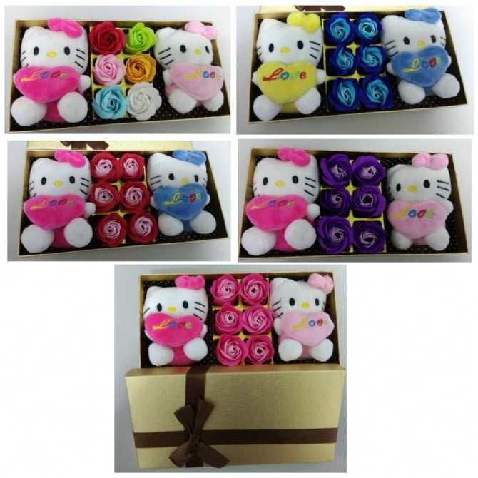6pcs Flowers and 2pcs Kitty Gift Box / Soap Flowers Gift / Love Present for Birthday Anniversary Valentines mother's father's day present card