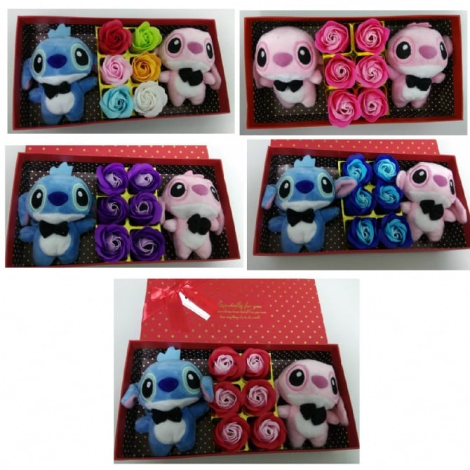 6pcs Flowers and 2pcs stitch Gift Box / Soap Flowers Gift / Love Present for Birthday Anniversary Valentines mother's father's day present card