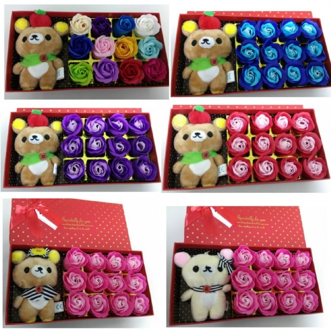 12pcs Flowers and rilakkuma Gift Box / Soap Flowers Gift / Love Present for Birthday Anniversary Valentines mother's father's day present card
