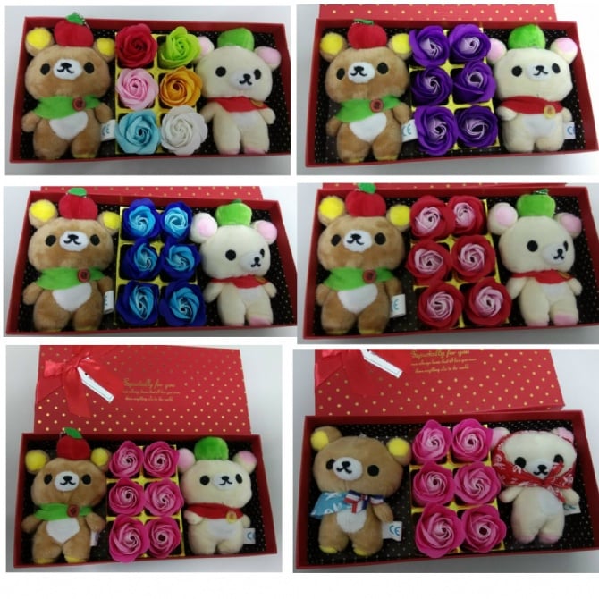 6pcs Flowers and 2pcs rilakkuma Gift Box / Soap Flowers Gift / Love Present for Birthday Anniversary Valentines mother's father's day present card