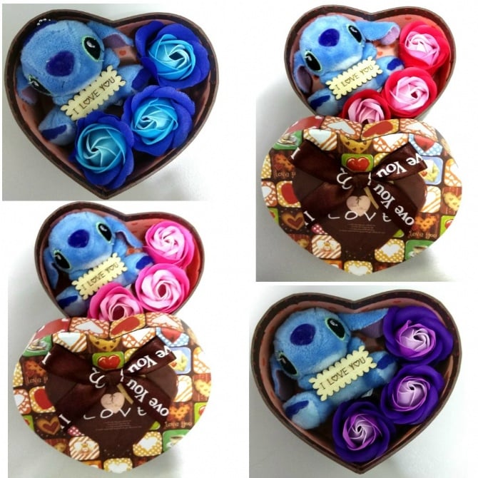 3pcs Soap Flower with blue stitch and love Gift box