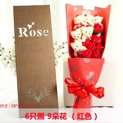 6pcs teddy bear with 6pcs soap flower bouquet with gift box and card