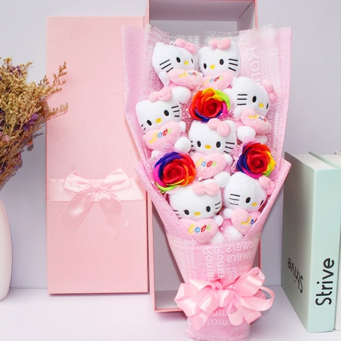7pcs hello kitty and 3 rainbow soap flower with gift box