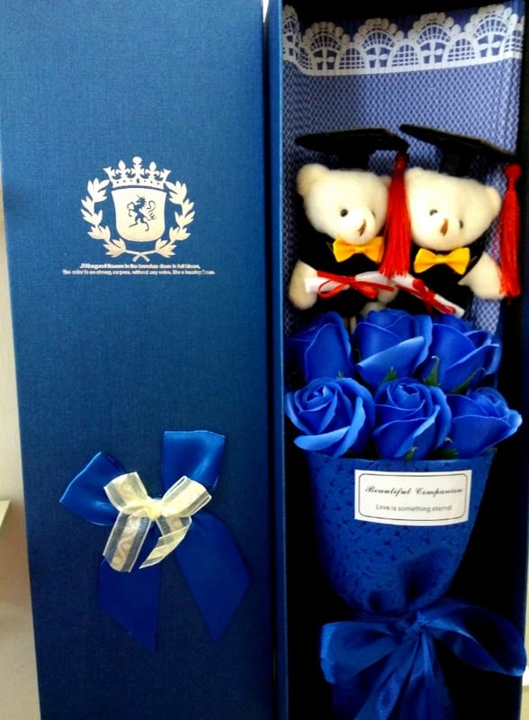 6pcs Soap Flower and Graduation konvo  teddy bear with Gift Box