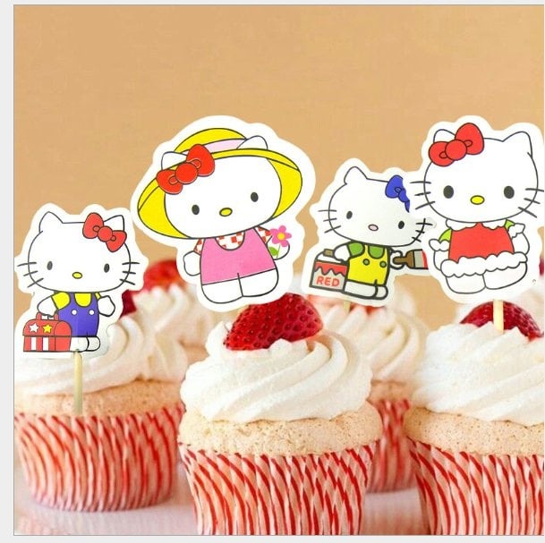 12pcs Hello kitty Theme Cartoon Character Cake Topper Happy Birthday